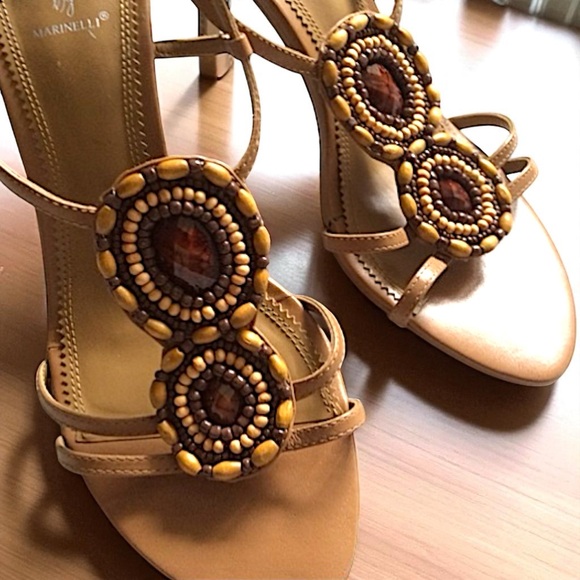 Marinelli “Riona” Beaded Wooden Bezel Stone T-Strap Heels Sandals - Picture 5 of 16